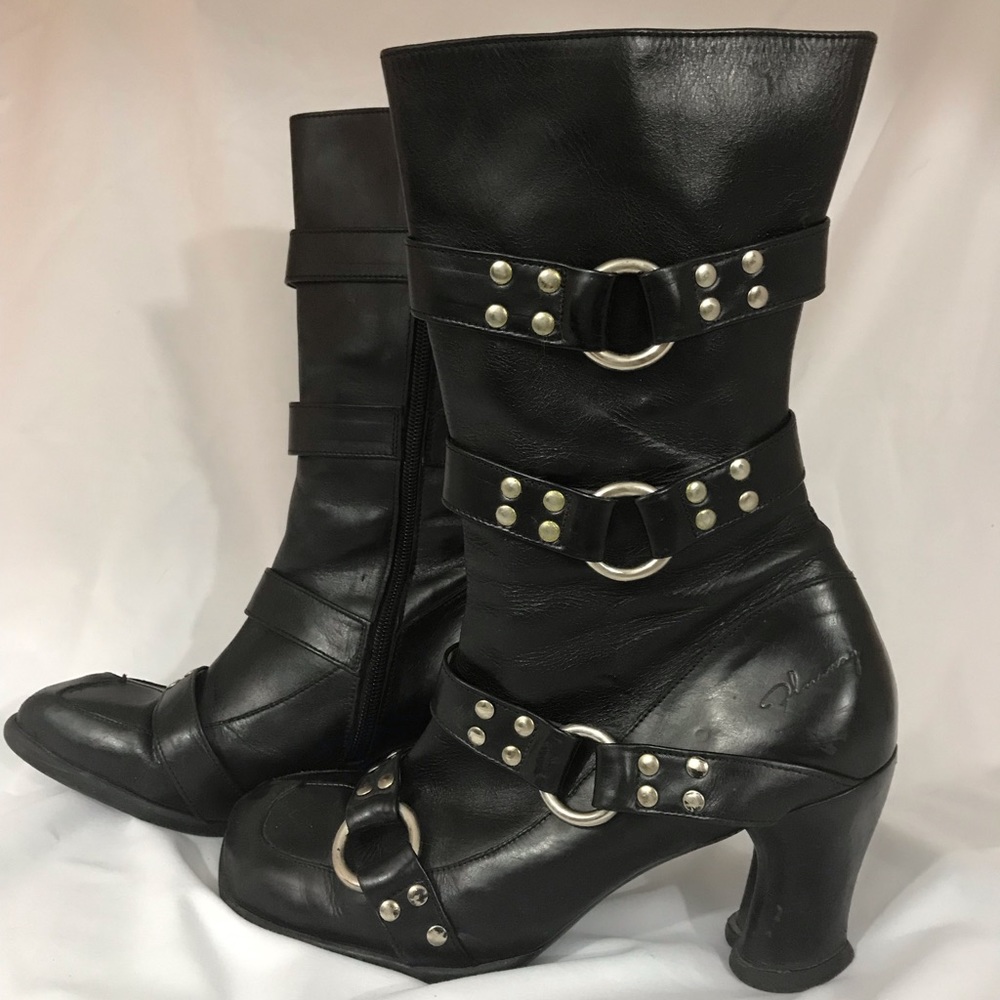 John Fleuvog leather buckle boots with kitten heels